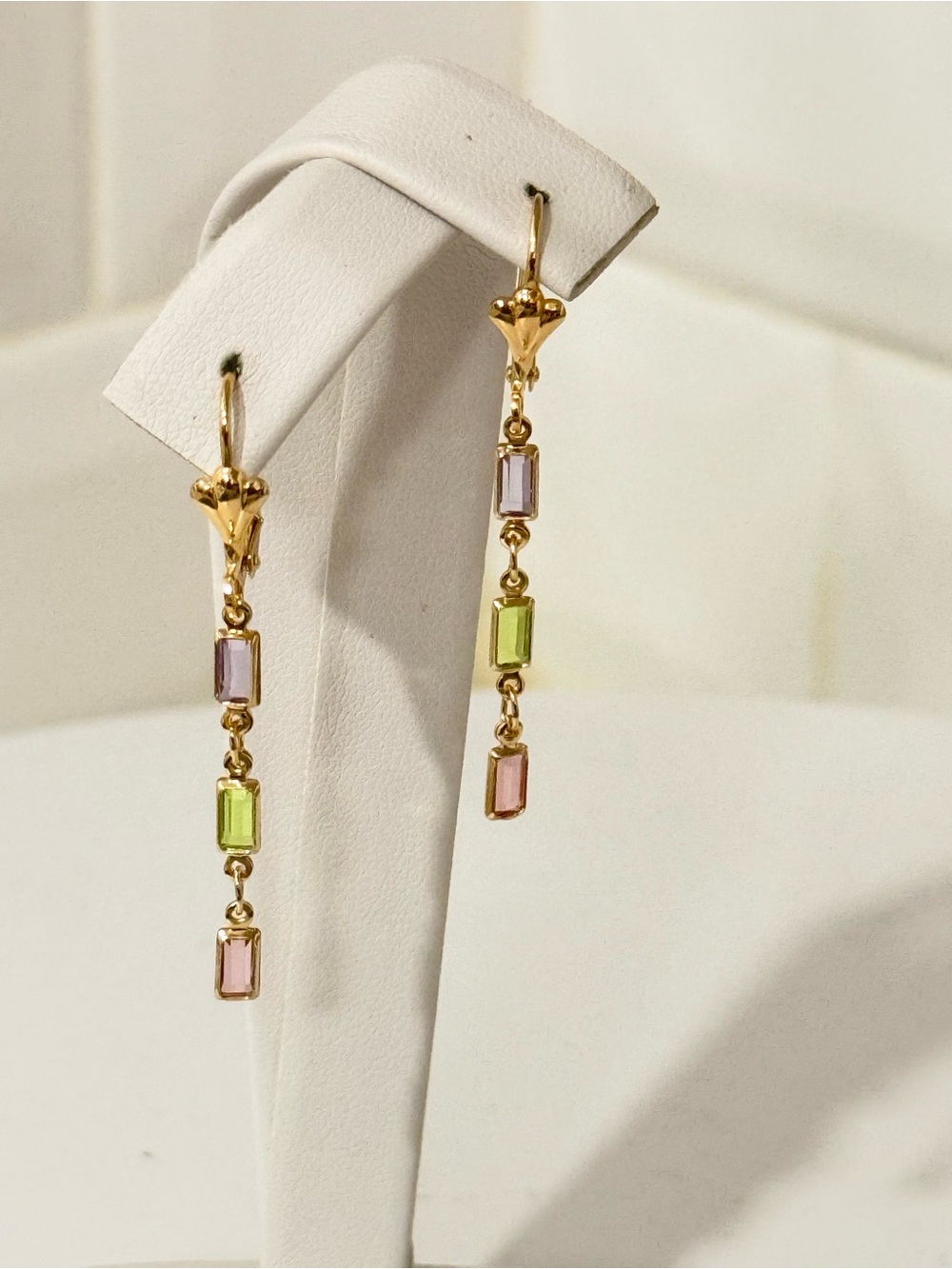 Gold Drop Earrings with Pink and Green Stones - Women Jewelry - Picture 2 of 3